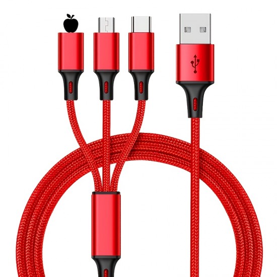 Multi Charging Cable Storage, 4Ft 3-in-1 Nylon Braided USB Charger Cord Adapter Lightning/Type C/Micro USB Ports For Iphone /Samsung Galaxy/Huawei/LG/HTC/OnePlus/Tablets.ect