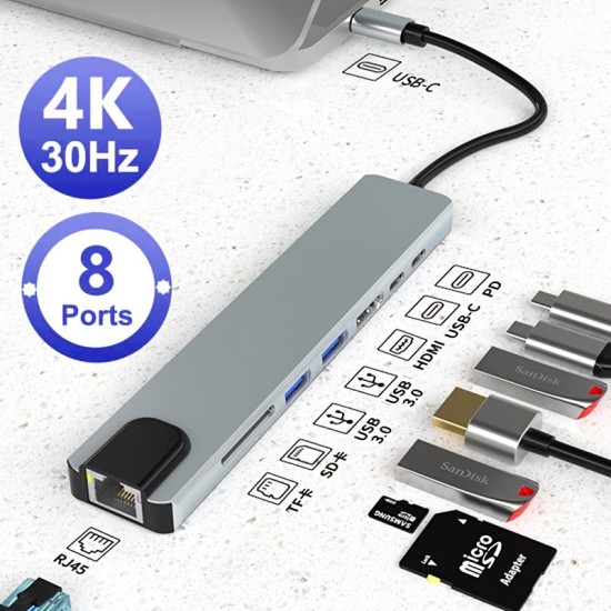 USB C HUB, 8 In 1 USB C Adapter With 4K HDMI, 100W PD, USB C Port, USB 3.0, RJ45 Ethernet, SD/TF Card Reader, Docking Station Compatible With MacBook Pro/Air USB C Laptops And Other Type C Devices