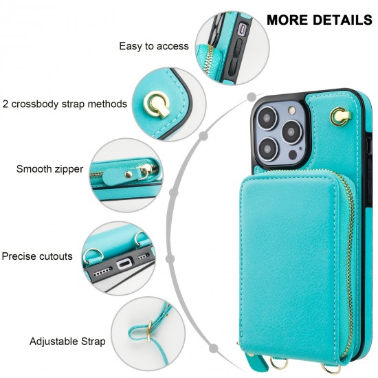 Crossbody PU Leather Folio Wallet Case Lanyard Strap, Kickstand RFID Blocking Card Slots For Apple IPhone 14 Pro Max Plus