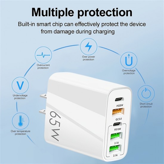 PD 65W Fast Charging For All Phone Quick Charging Multi-Ports Charging Head PD+3USB Ports Adapter