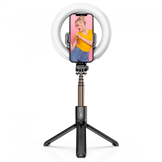 Rechargeable Portable Selfie Stick Extendable Tripod Stand Holder With LED Ring Light, Wireless Remote Control For Apple IPhone And Android Smartphones