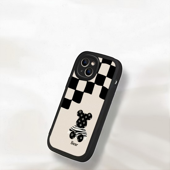 Black And White Checkered Bear, Imitation Leather Fashion Protective Case For IPhone 14