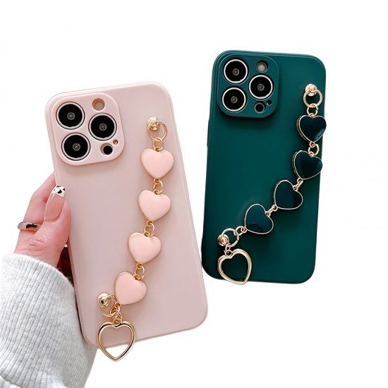 Cute Luxury Plating Soft Flexible TPU Phone Case With Love Heart Chain For IPhone14