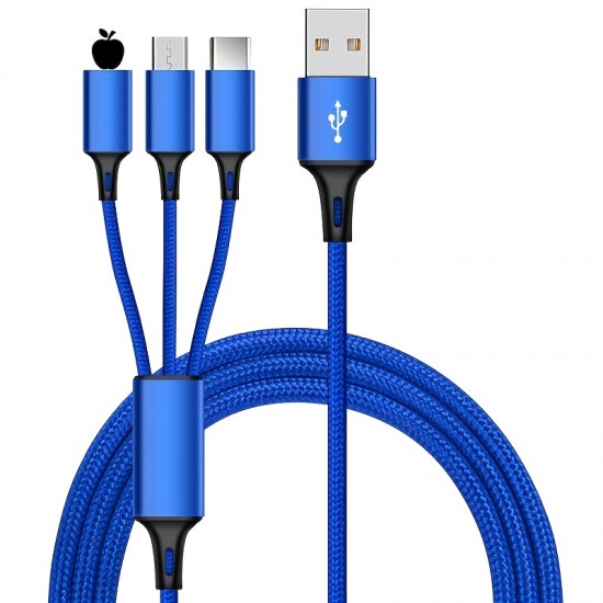 Multi Charging Cable Storage, 4Ft 3-in-1 Nylon Braided USB Charger Cord Adapter Lightning/Type C/Micro USB Ports For Iphone /Samsung Galaxy/Huawei/LG/HTC/OnePlus/Tablets.ect