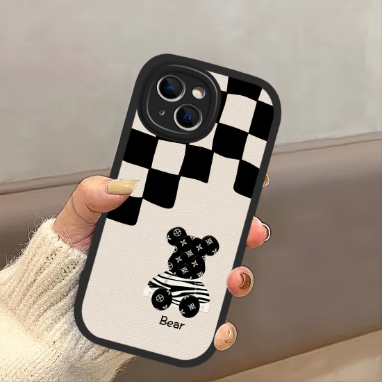 Black And White Checkered Bear, Imitation Leather Fashion Protective Case For IPhone 14