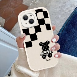 Black And White Checkered Bear, Imitation Leather Fashion Protective Case For IPhone 14