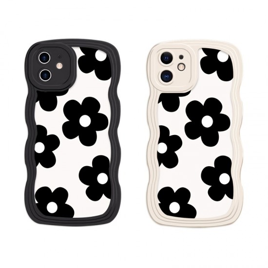 Black Floral Wave Edge Silicone Soft Case For iPhone 14