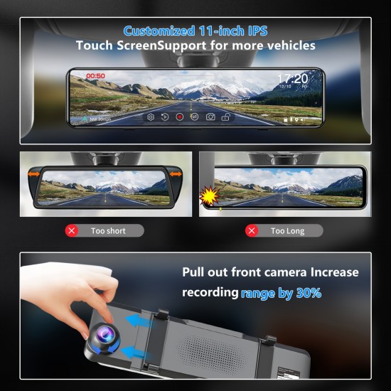 4K Mirror Dash Cam, Front & Rear Rearview Mirror Camera For Cars & Trucks With 11" IPS Touch Screen, Backup Camera With Type-C, Starvis Sensor